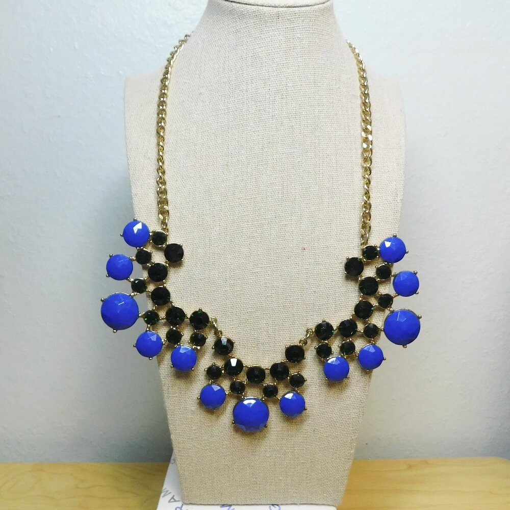 Talbots - Gold Tone Bib Necklace with Emerald Green Rhinestones & Blue A…